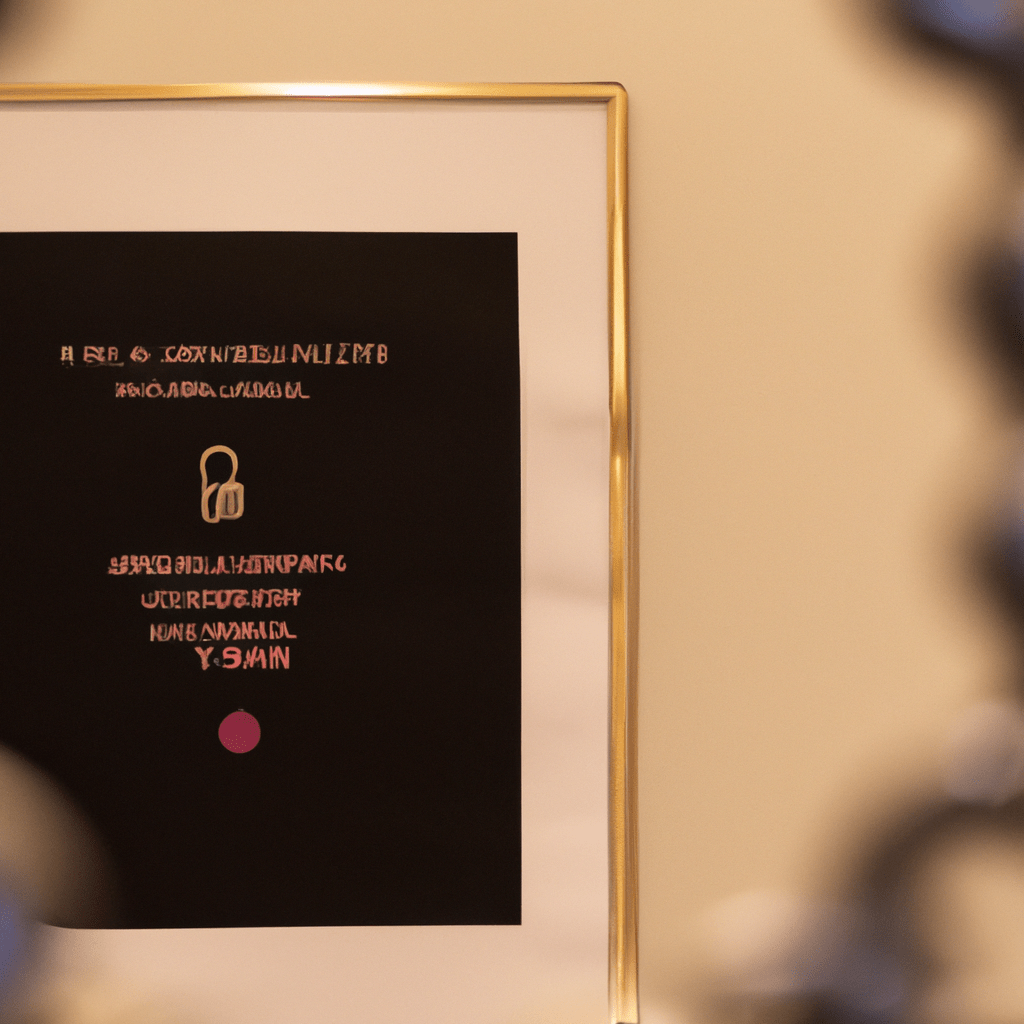 A photo of an art piece with a certificate of authenticity and a blockchain code displayed to ensure its origin and copyright protection.. Sigma 85 mm f/1.4. No text.