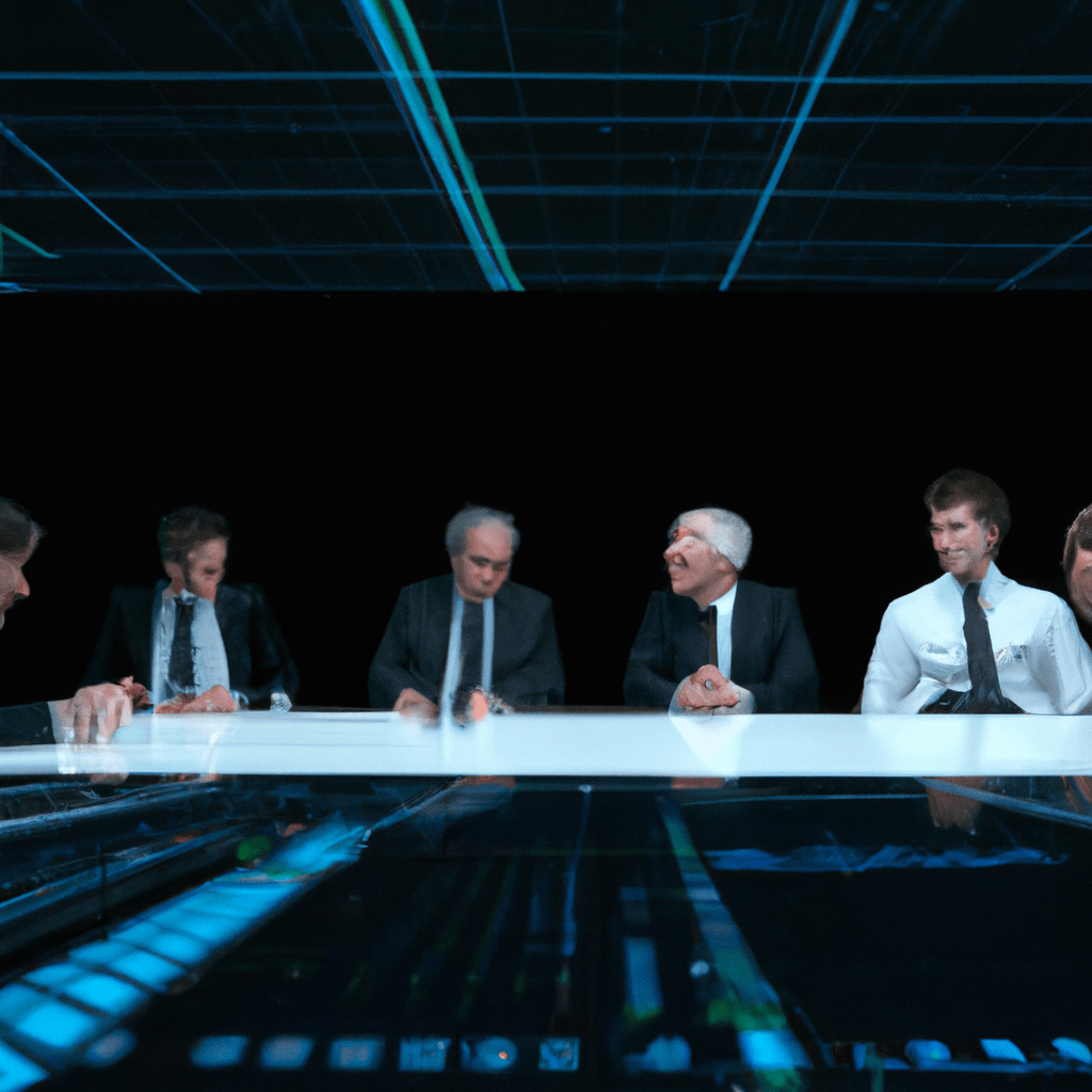 [Photo: A group of bank executives use advanced AI algorithms to analyze and manage risks in a futuristic boardroom.].. Sigma 85 mm f/1.4. No text.