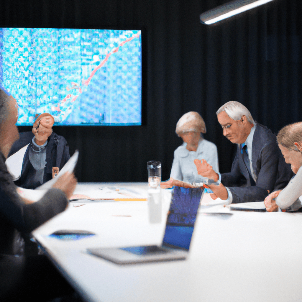 Photo: A group of bank executives brainstorming risk management strategies in a high-tech meeting room. Nikon D850. No text.. Sigma 85 mm f/1.4. No text.