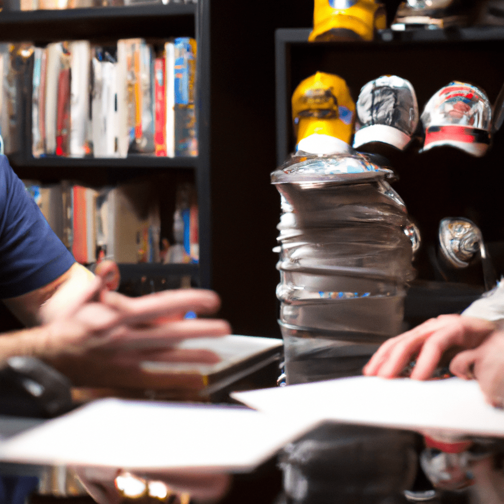 5 - [A person consulting with a sports memorabilia expert at a desk.] Nikon 50 mm f/1.8. No text. Sigma 85 mm f/1.4. No text.. Sigma 85 mm f/1.4. No text.