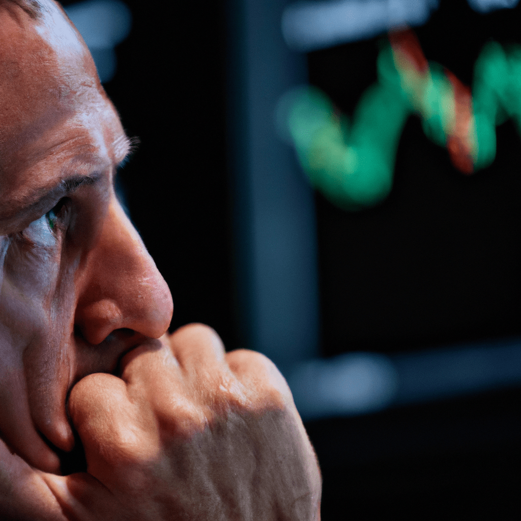 A photo depicting a trader watching the stock market with intense focus, reflecting the impact of various factors on stock markets.. Sigma 85 mm f/1.4. No text.