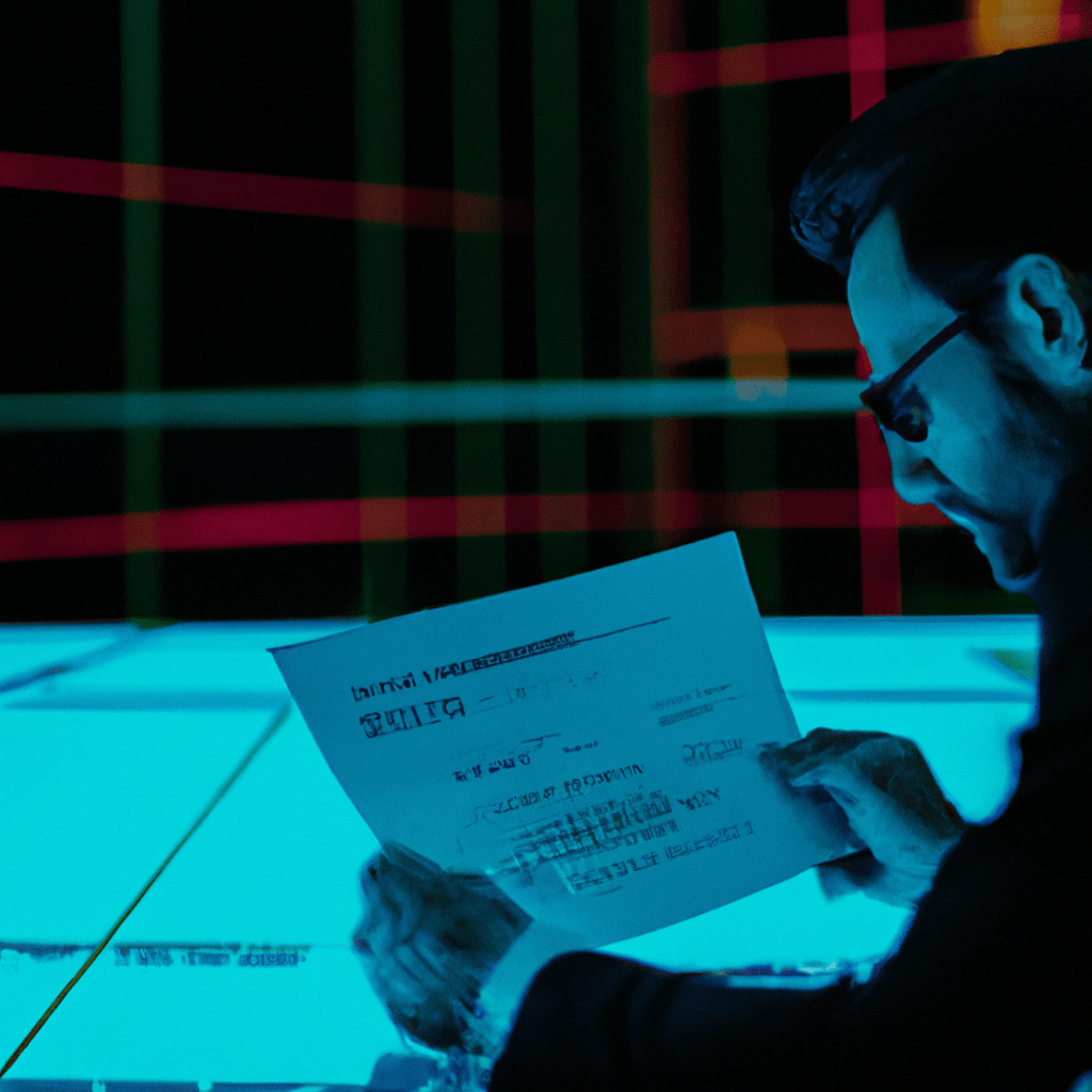 A picture of an investor analyzing a bond certificate while using a futuristic holographic display. Sigma 85 mm f/1.4. No text.. Sigma 85 mm f/1.4. No text.