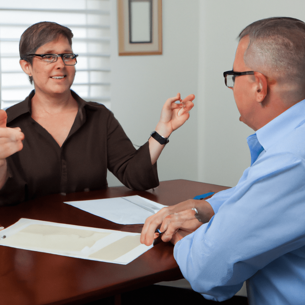 2 - A photo of a financial advisor discussing the risks associated with bond investments with their client. Canon 50 mm f/1.8. No text.. Sigma 85 mm f/1.4. No text.