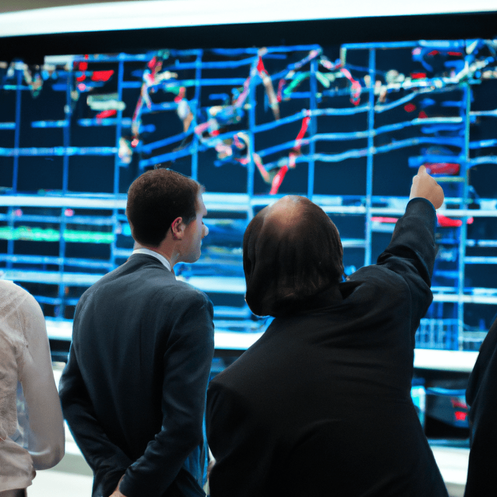 2 - A photo of a group of investors gathered around a large stock market screen, analyzing market data and discussing investment strategies. Sigma 85 mm f/1.4. No text.. Sigma 85 mm f/1.4. No text.