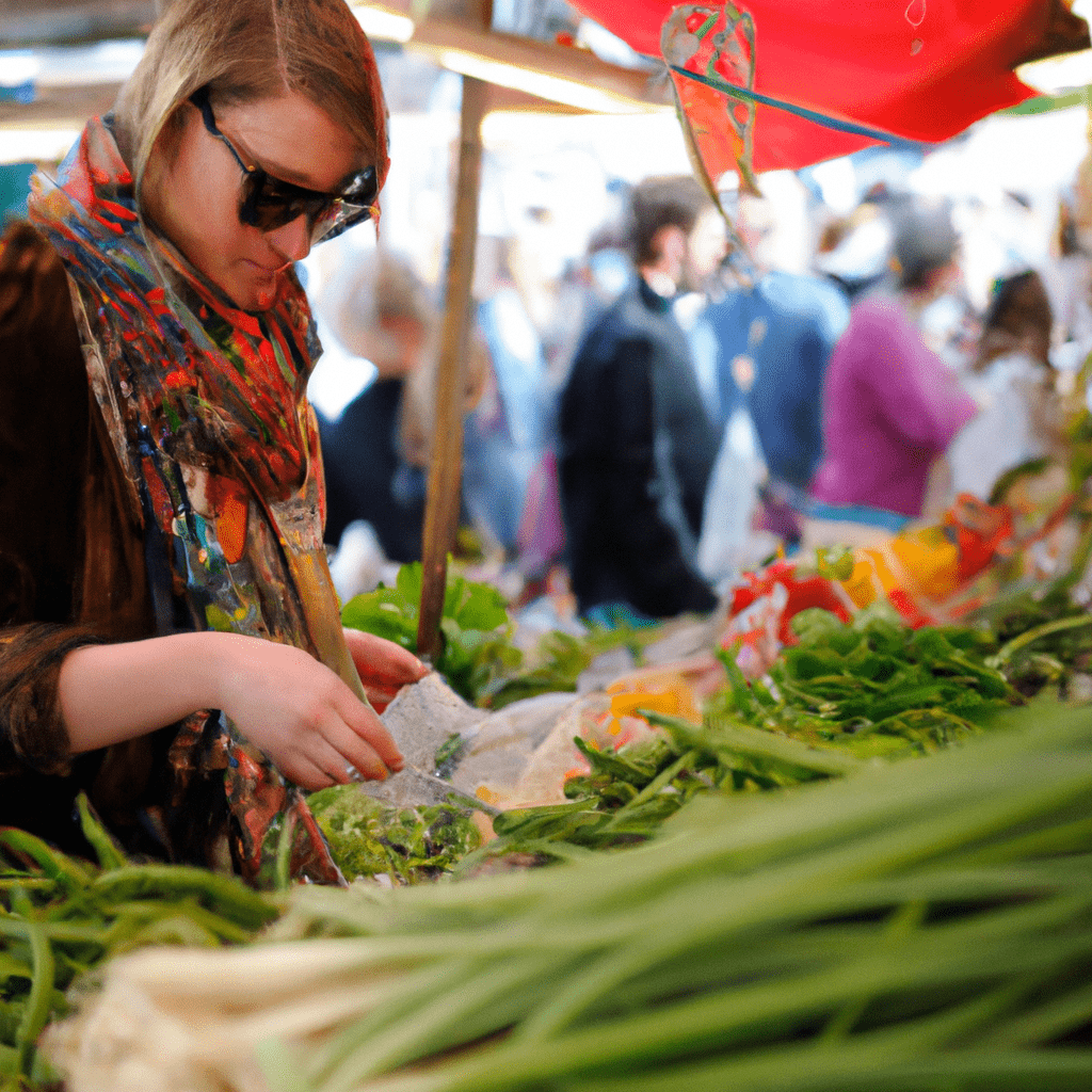 3 - [A photo of a traveler buying fresh local produce at a vibrant market]. Nikon 35mm f/1.8. No text.. Sigma 85 mm f/1.4. No text.