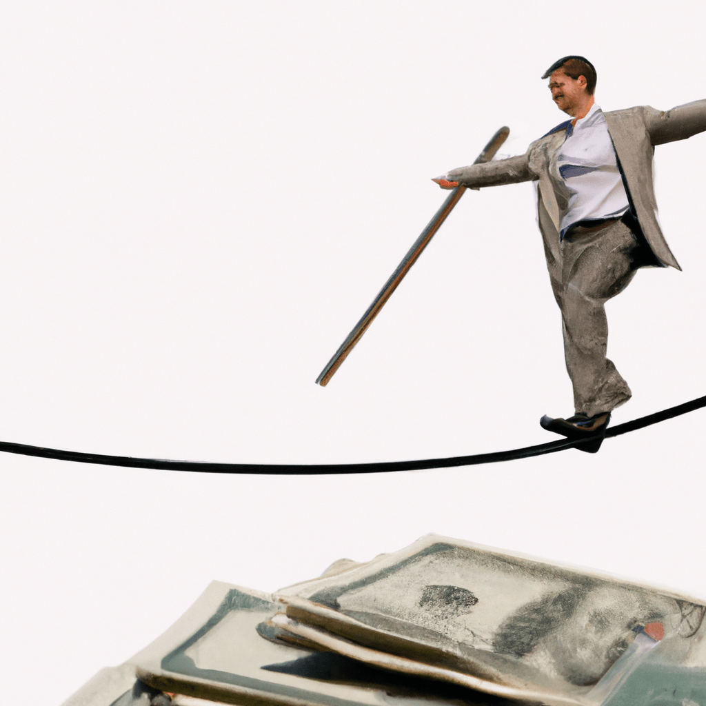 [Image: A businessman balancing on a tightrope over a pit of money]. Sigma 85 mm f/1.4. No text.