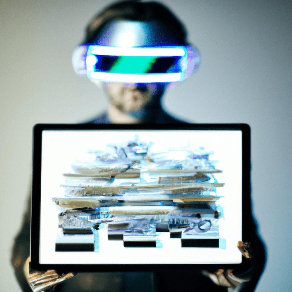 A photo of a person holding a futuristic-looking digital art piece on a tablet, surrounded by virtual reality headsets and cutting-edge technology.. Sigma 85 mm f/1.4. No text.