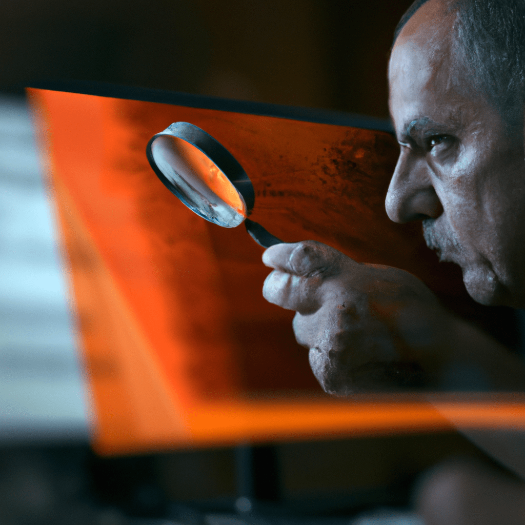 A photo of a person carefully examining a digital artwork on a high-resolution display, using a magnifying glass. They are focused and meticulous in their analysis.. Sigma 85 mm f/1.4. No text.