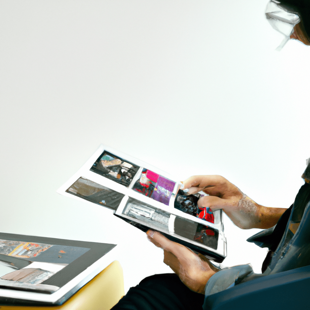 2 - A photo of a person carefully studying digital art pieces on a tablet, surrounded by art magazines and a notepad.. Sigma 85 mm f/1.4. No text.