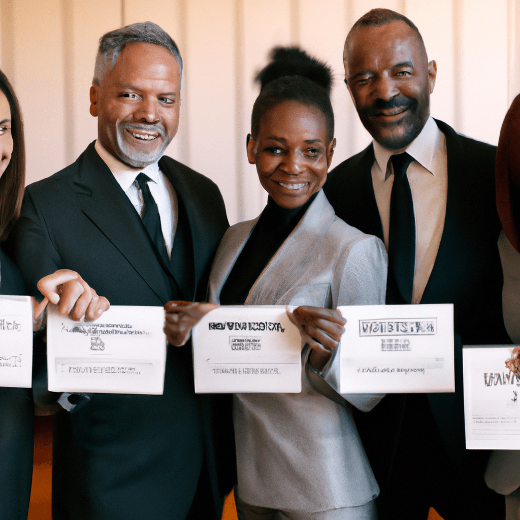 A photo of a diverse group of investors holding bond certificates.. Sigma 85 mm f/1.4. No text.