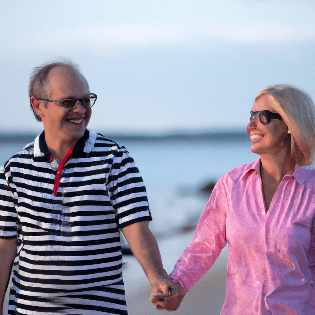 [An elderly couple smiling, holding hands while relaxing on a beach]. Sigma 85 mm f/1.4. No text.