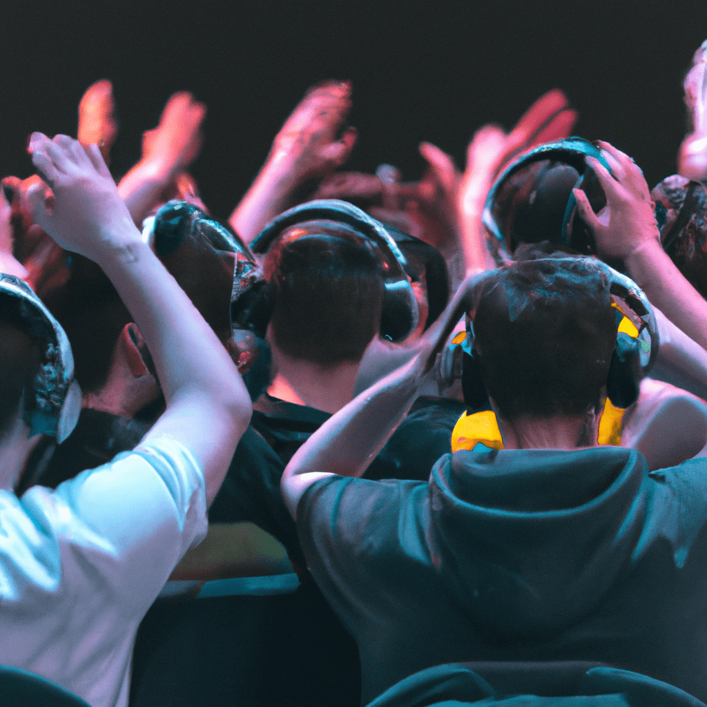 A photo capturing the excitement and competitiveness of esports, with gamers and fans cheering on their favorite teams in a high-energy tournament.. Sigma 85 mm f/1.4. No text.