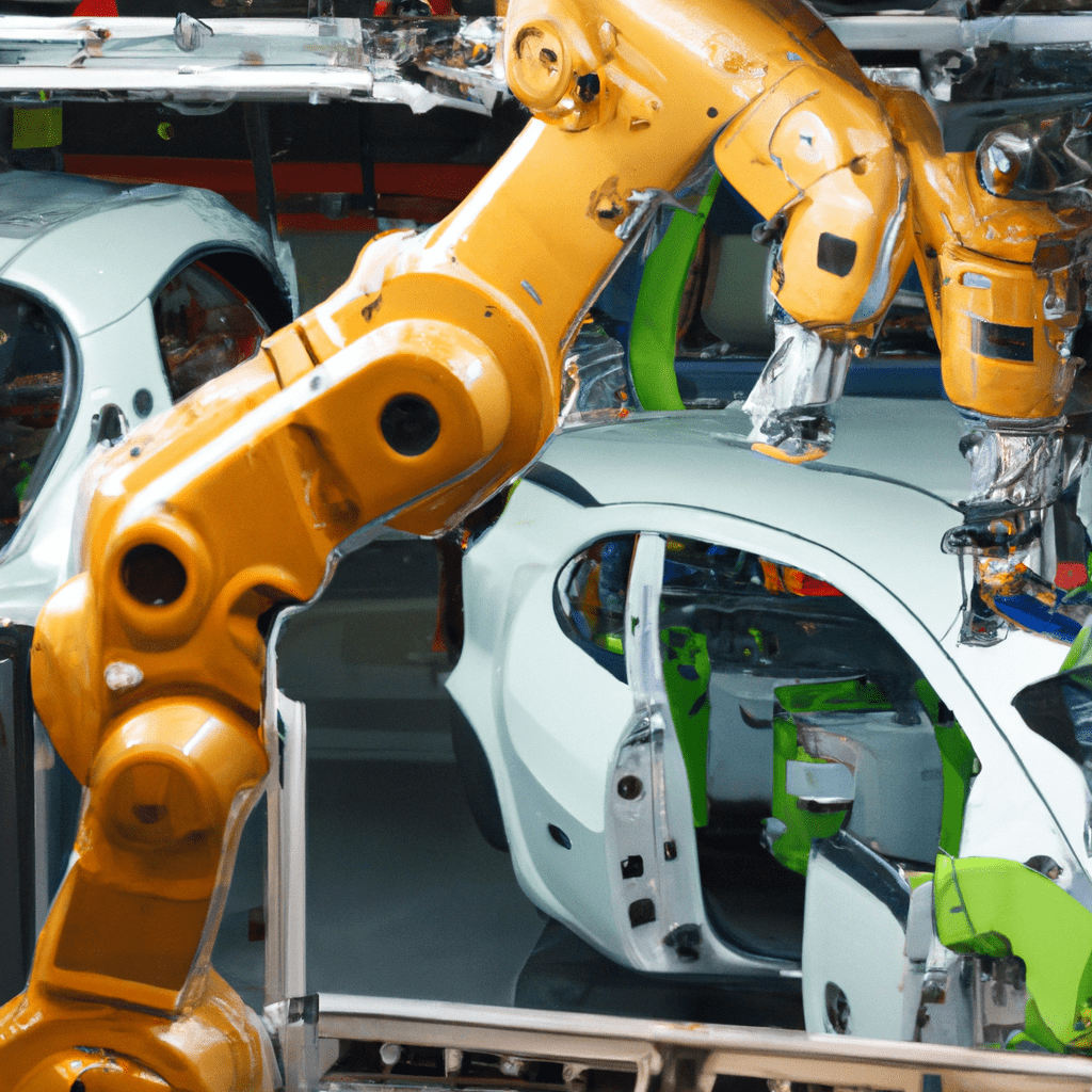 2 - [Robotic arms assembling a car on an assembly line.]. A glimpse into the future of manufacturing with robotics.. Sigma 85 mm f/1.4. No text.