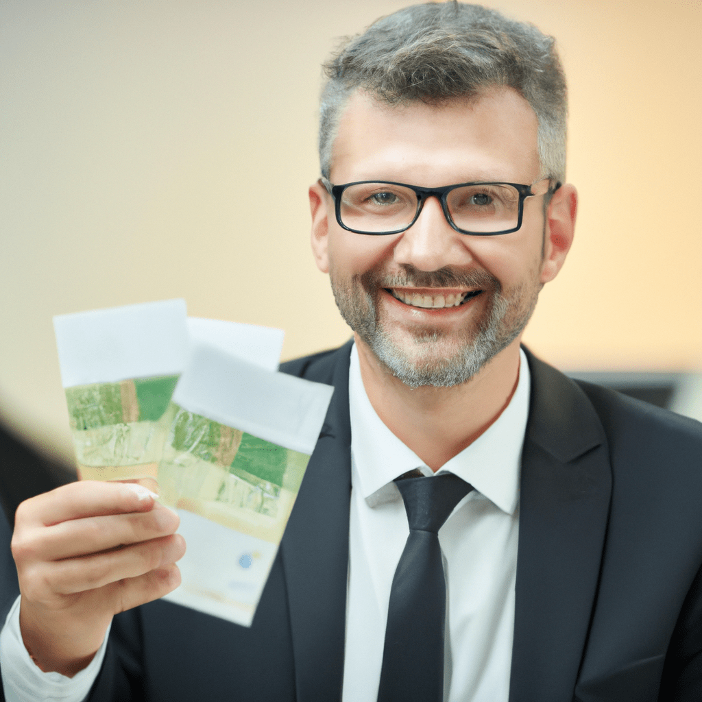 [A picture of an investor receiving a dividend check and smiling with satisfaction.]. Sigma 85 mm f/1.4. No text.