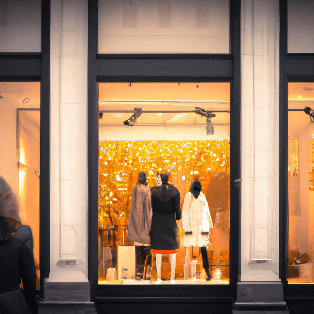 A photo of a luxury brand storefront with elegant window displays and a crowd of stylish shoppers.. Sigma 85 mm f/1.4. No text.