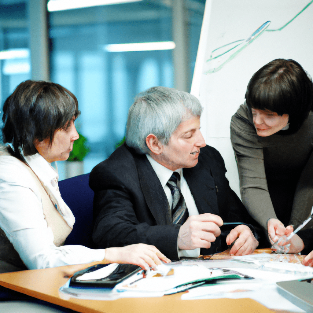 [A photo of a group of professionals analyzing market trends and discussing investment strategies.]. Sigma 85 mm f/1.4. No text.