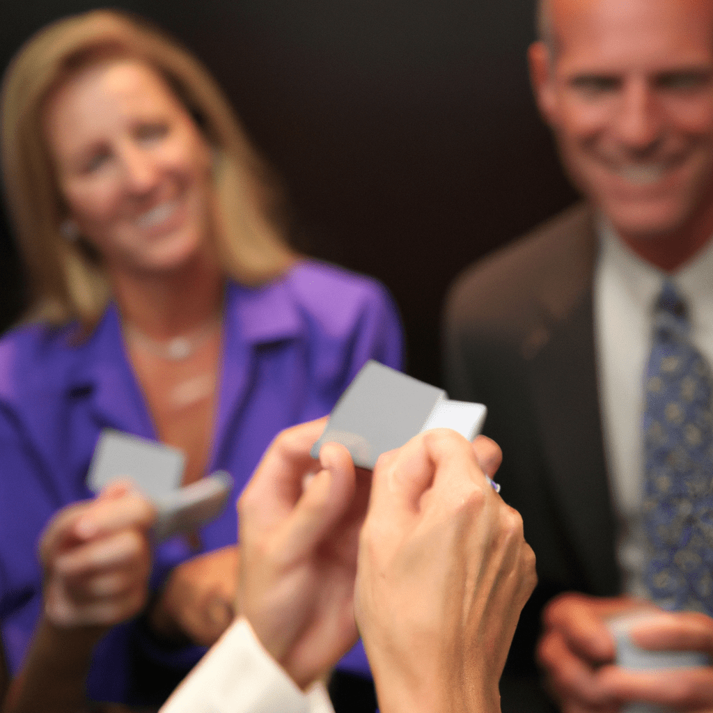 5 - [Image: A group of business professionals networking and exchanging business cards]. Canon 24-70 mm f/2.8. No text.. Sigma 85 mm f/1.4. No text.