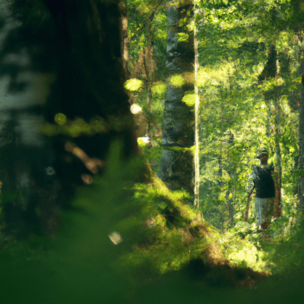 2 - [Photo: A person enjoying a peaceful walk in a lush green forest. Captured with a Sigma 85mm f/1.4 lens.]. Sigma 85 mm f/1.4. No text.