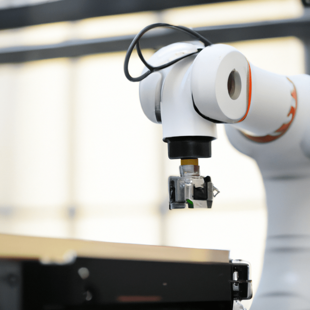 [Robotics funds offer diverse investment options. Photo: A futuristic robotic arm working in a factory.]. Sigma 85 mm f/1.4. No text.