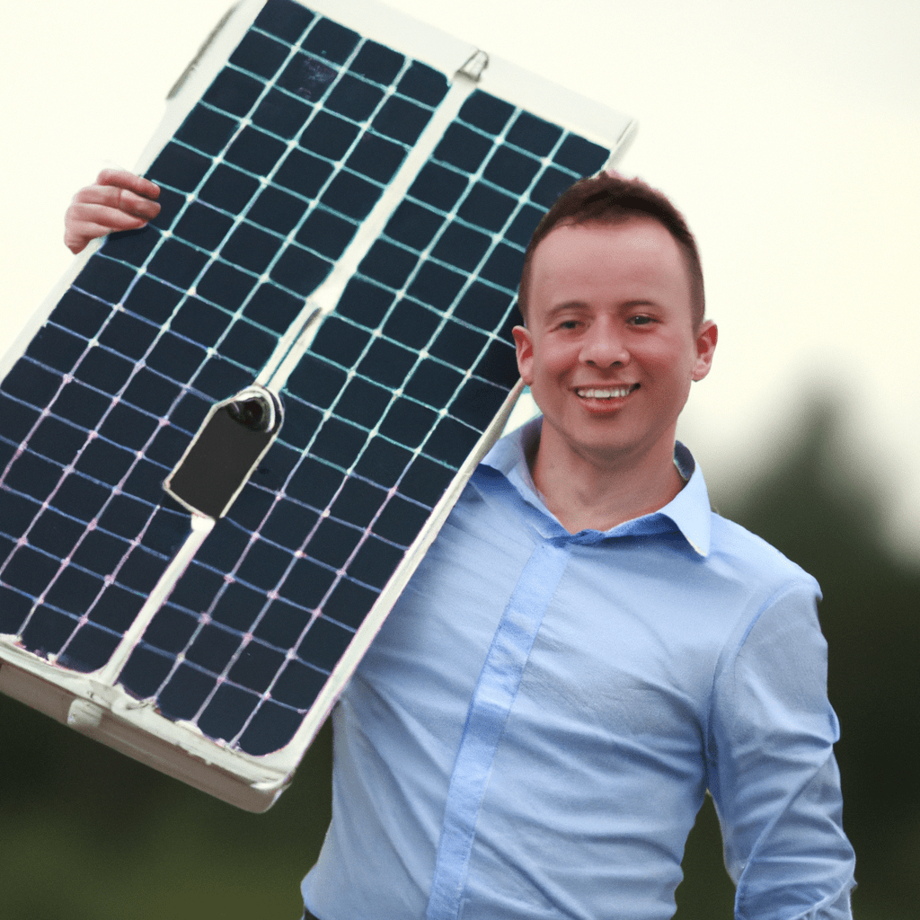 [A photo of a person holding a solar panel with a smile of satisfaction on their face, symbolizing successful investment in renewable energy.]. Sigma 85 mm f/1.4. No text.