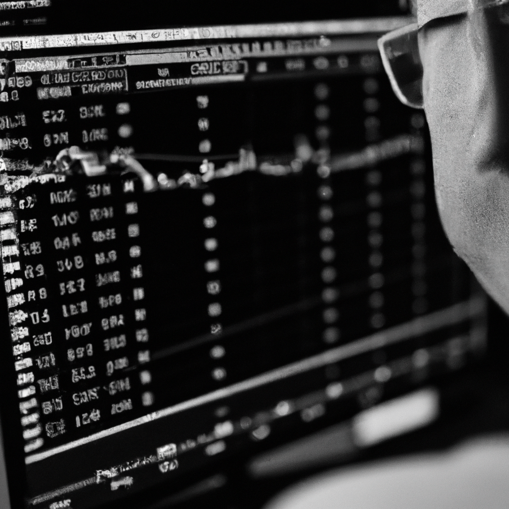 A black and white photo of a trader setting up stop-loss and limit orders on a computer screen. Sigma 85 mm f/1.4. No text.. Sigma 85 mm f/1.4. No text.