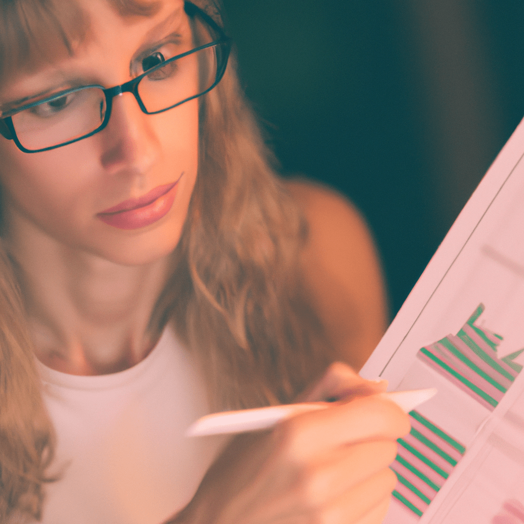 [ ] A young woman studying financial charts, preparing for her future investments.. Sigma 85 mm f/1.4. No text.