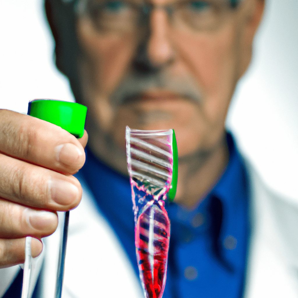 PHOTO: A scientist holding a test tube with a DNA strand, symbolizing the endless possibilities of biotechnology innovation.. Sigma 85 mm f/1.4. No text.