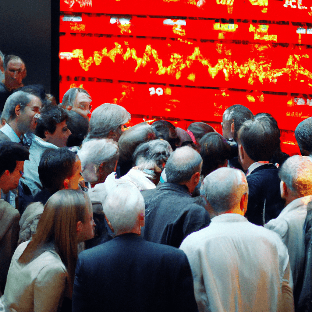 [Photo description: A group of people gathered around a stock market ticker, eagerly watching the numbers and charts.]. Sigma 85 mm f/1.4. No text.