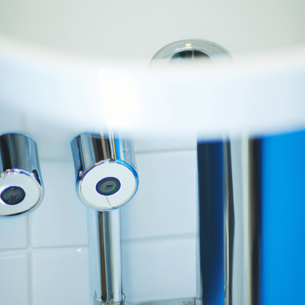 A photo of a modern water-saving device installed in a bathroom. Sigma 85 mm f/1.4. No text.