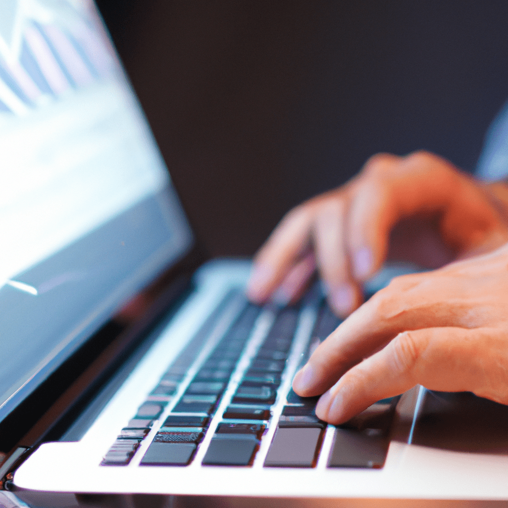 A pair of hands typing on a laptop, symbolizing the easy management and lower costs of passive investing. Discover the benefits of index funds and long-term growth.. Sigma 85 mm f/1.4. No text.