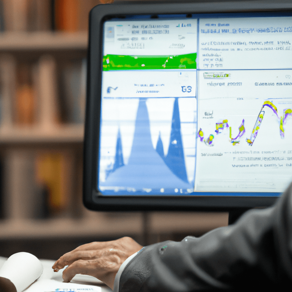 A photo of a person analyzing data on a computer screen, researching new industries for investment opportunities. Stacks of books and graphs in the background.. Sigma 85 mm f/1.4. No text.