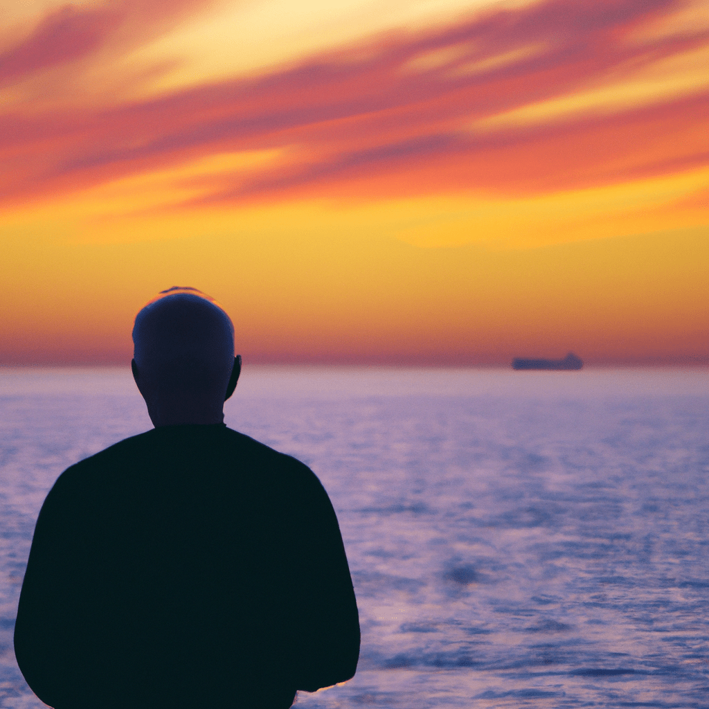 A person looking at a sunset over a calm ocean, symbolizing the importance of maintaining a long-term investment horizon for financial stability. Canon 24-70 mm f/2.8.. Sigma 85 mm f/1.4. No text.